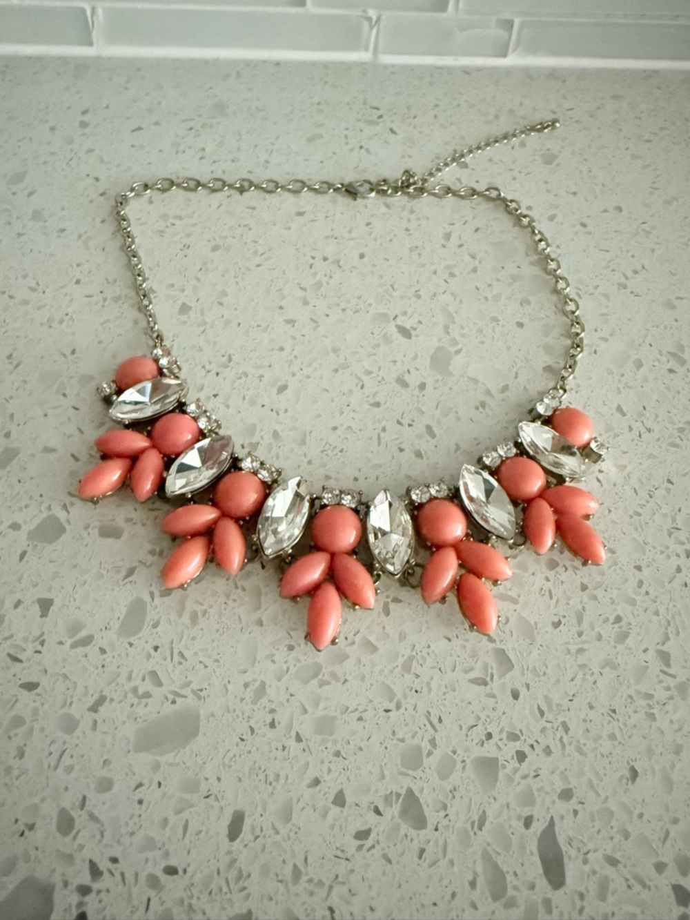 Chain Coral Pink Statement Necklace with Clear Crystals Kate Spade Inspired Bib